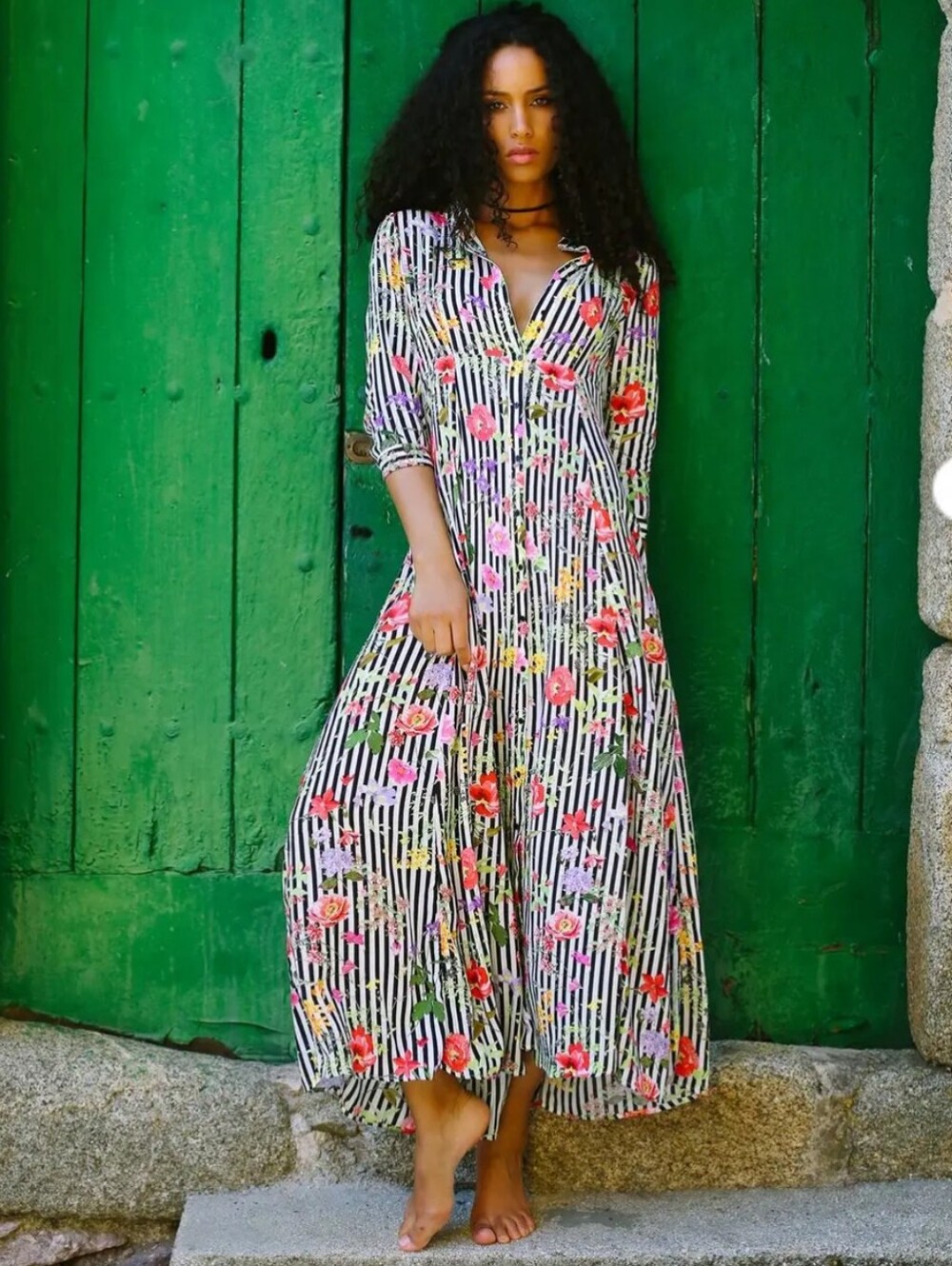 ZARA Striped Floral Maxi Shirt Dress / Longline Duster – button front Medium